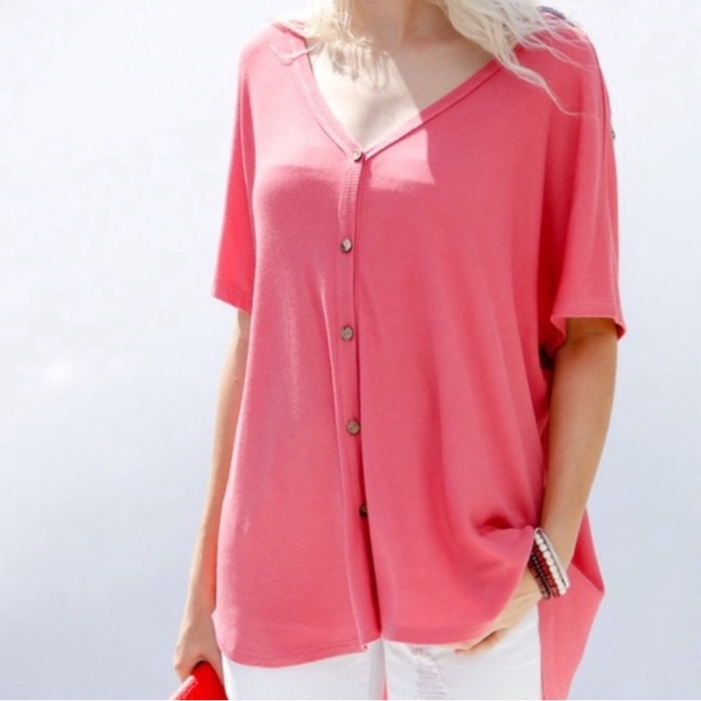Soft Jersey Knit Button Front Short Sleeve Oversized Top Women’s Sizes NWT